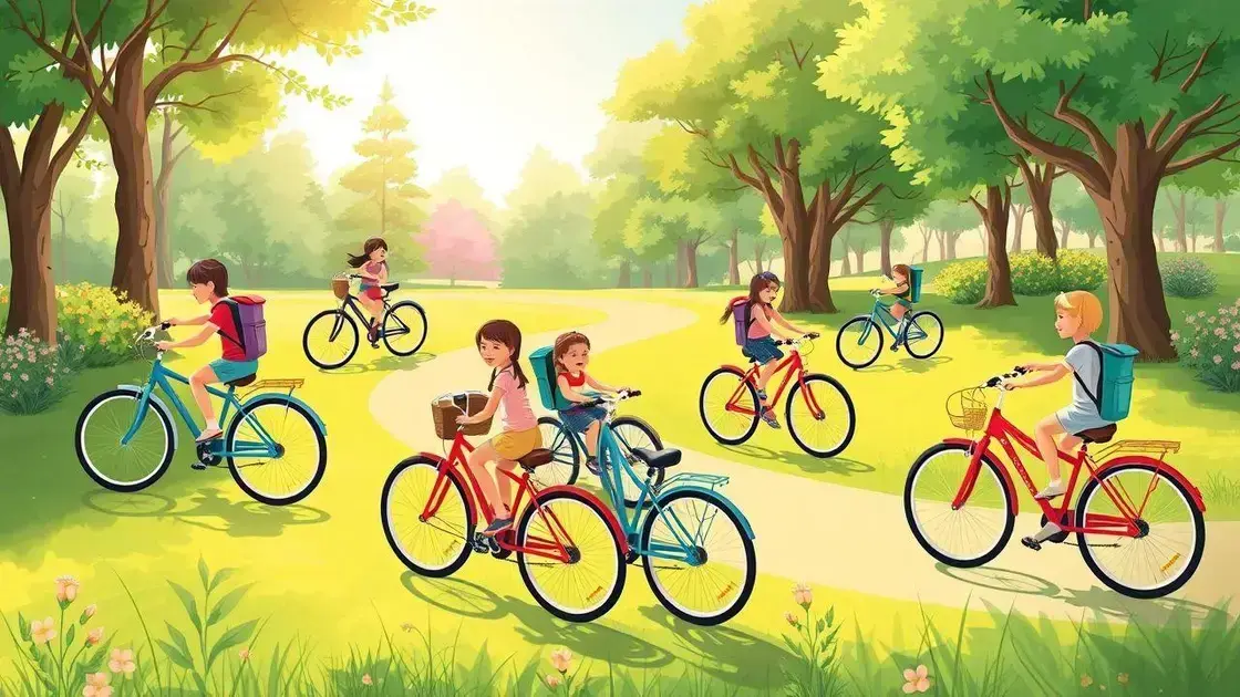 Uma ilustração mostrando a variedade de bicicletas familiares, com cadeirinhas infantis, em um ambiente de parque, destacando conforto e segurança.