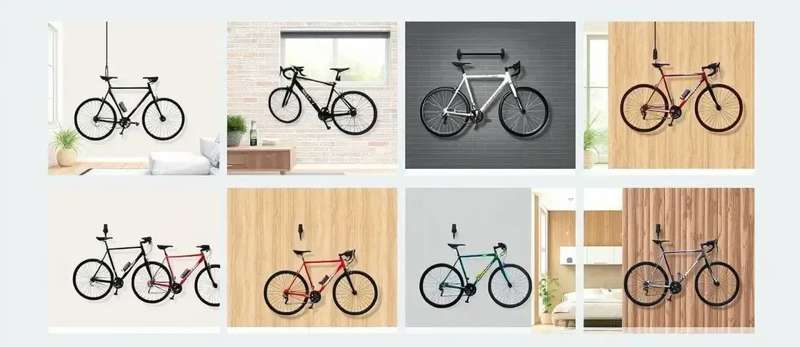 Uma ilustração mostrando a variedade de suportes de parede para bicicletas, destacando o design e a funcionalidade de cada modelo.