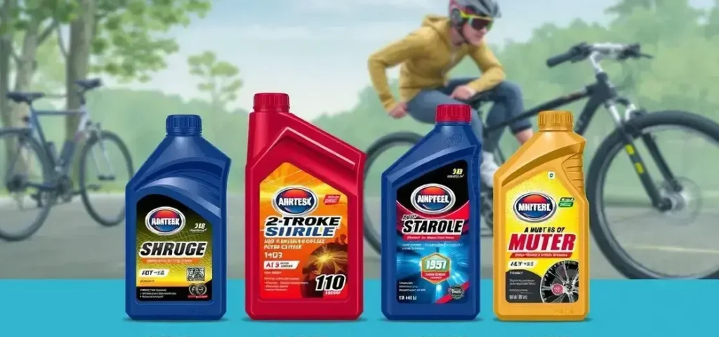 Uma imagem ilustrativa mostrando a variedade de óleos 2 tempos para bicicletas motorizadas, com destaque para os designs únicos de cada embalagem.